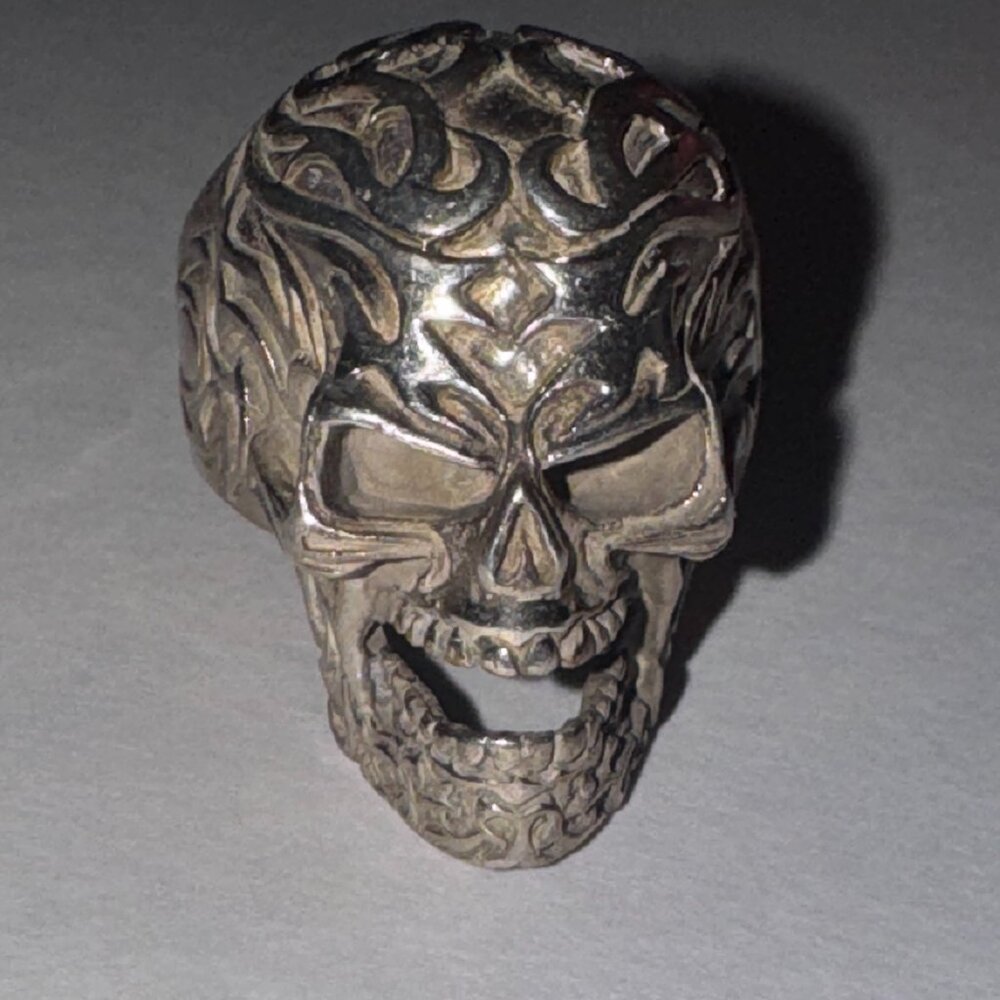 Sterling Silver Flame Skull Ring, Size 12